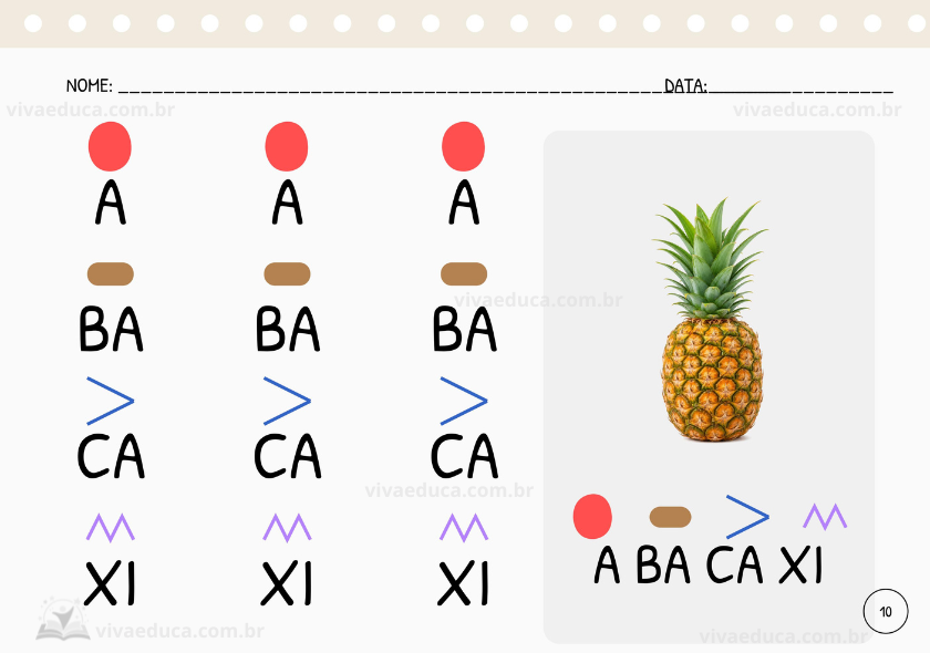 Página de atividade com a palavra abacaxi