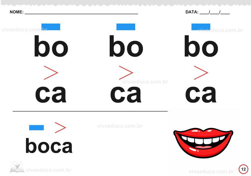Página de atividade com a palavra boca