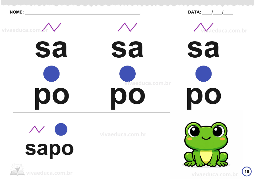 Página de atividade com a palavra sapo